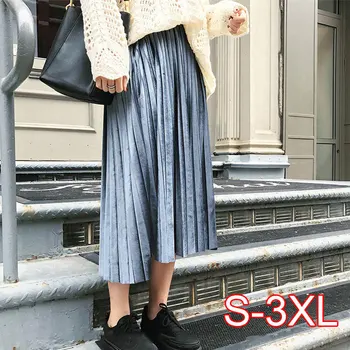 

Spring 2020 Women Long Metallic Silver Maxi Pleated Skirt Midi Skirt High Waist Elascity Casual Party Skirt Vintage
