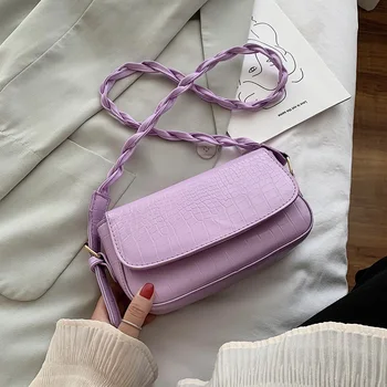 

Women Stone Pattern Crossbody Bag Woven Belt Purse PU Flap Shoulder Handbag
