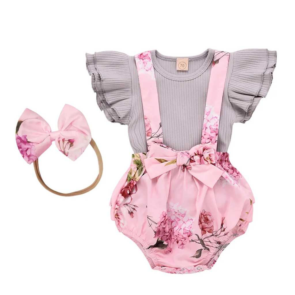 

3pcs Cute Newborn Baby Girl Clothes Sleeveless Ruffle Tops Floral Overall Shorts Headband Outfits