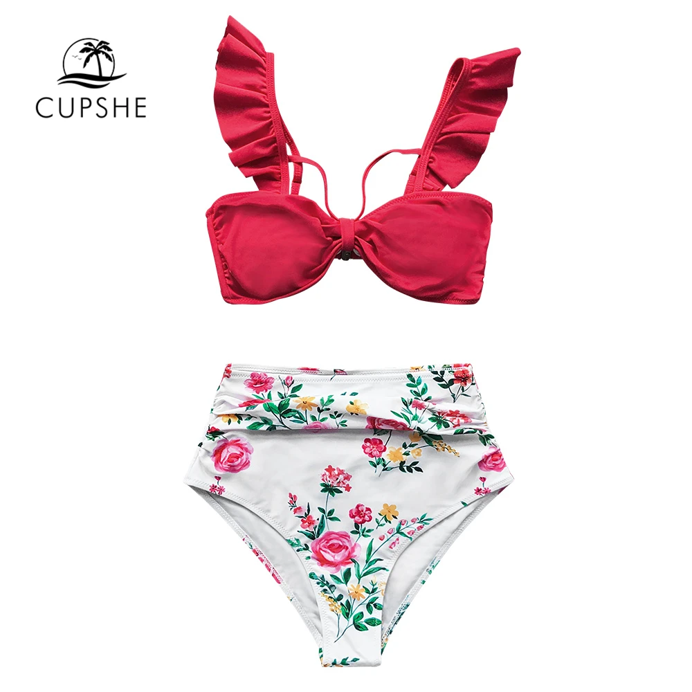 CUPSHE, Красный бантик, бикини, наборы с цветочным рисунком, высокая талия, низ, сексуальный купальник, две части, купальники для женщин,, пляжные купальники