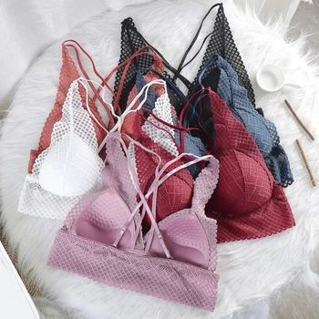 

Fashion Hollow Out Lace Bra Wrapped Chest Crossing Comfortable Skin-Friendly Bottoming Bras Two Strapes Without Steel Girls Hot