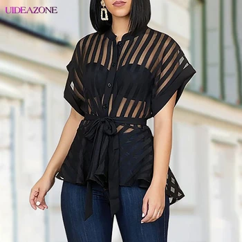 

Mesh Patchwork Women Blouse With Belt Sexy See-though With Button Spring Summer Ruffle Outfits Short Sleeve Cardigan Shirts