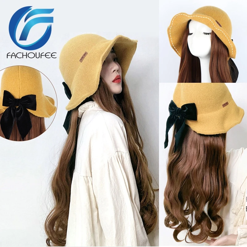

Yomagic Brown Color Synthetic Hair Sewn on Hat Long Natural Wave Synthetic Hair Wigs with Cap