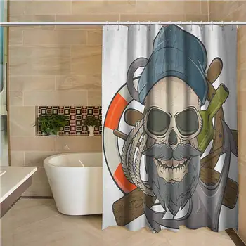 

Skull 3D Printed Shower Curtain Illustration of Sailor Old Skull with Beard Mascot Nautical Theme Skeleton Lifebuoy Hotel