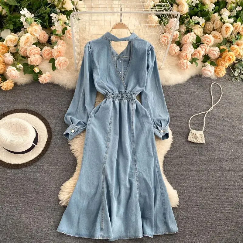 2020 Autumn New Retro Hollow Back Chic Women Denim Dress Mermaid Split Hem Ladies High Waist Fashion Jeans Dress J5