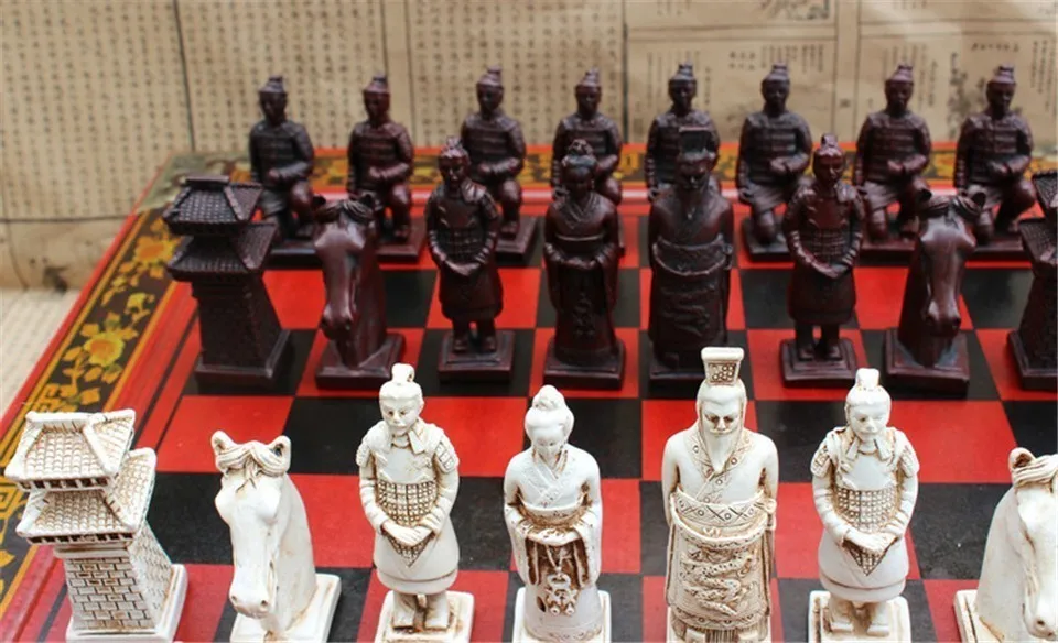 New Wood Chess Chinese Retro Terracotta Warriors Chess Wood Do Old Carving Resin Chessman Oversized Chess Piece Premium Yernea