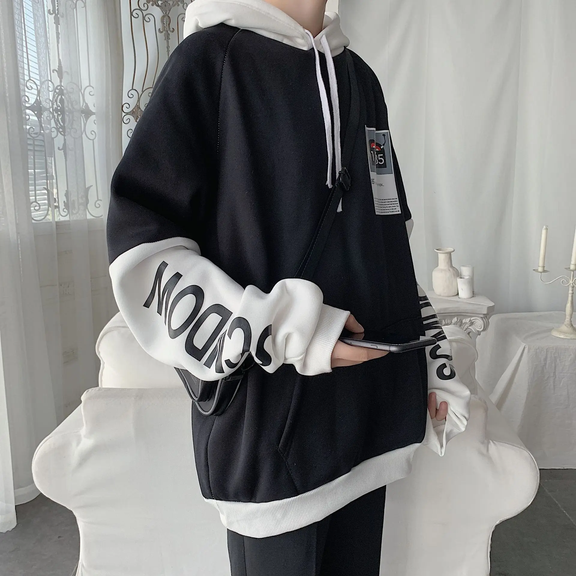 

3XL Plus Velvet Hoodie Men Sweatshirt Black Hoody Letter Hip Hop Hoodies Mens Autumn Winter Clothes Streetwear Youth Tops Pocket