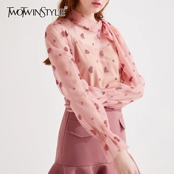 

TWOTWINSTYLE Sweet Style Appliques Heart Shirt Female Bow Collar Flare Long Sleeve Hollow Out Ruched Blouse Female Fashion Tide