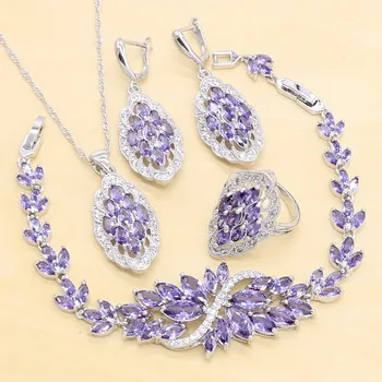 

Wedding 925 Silver Jewelry Sets For Women Birthday Exquisite Purple Crystal Ring Earrings Necklace Bracelet Christmas Gift
