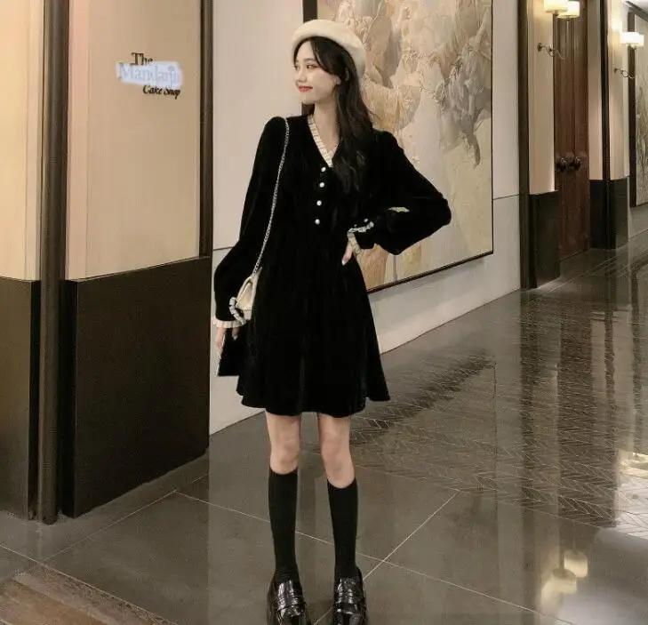 Long Sleeve Dress Women Classy French Style Vestido Midi Elegant Button Patchwork Black Vintage Autumn Charm 2020 New Arrival BF boho dresses Dresses