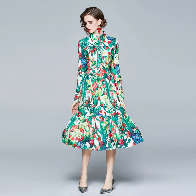 

ZUOMAN Women Spring Elegant Green Dress Shirt High Quality Long Prairie Chic Party Robe Femme Vintage Designer A-Line Vestidos