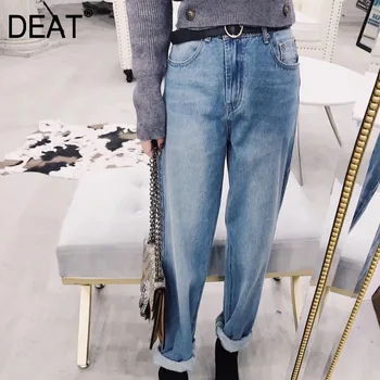

DEAT Solid Color High Waist Curling Loose Plus Woman Jeans Nine Pants Casual Fashion Temperament 2020 Autumn Winter New TV085