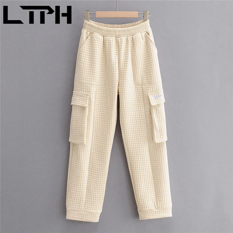 LTPH ins Casual Jogging Pants women high waist Thicken Warm Solid color Plaid Tooling sweatpants trousers 2021 Spring Autumn New