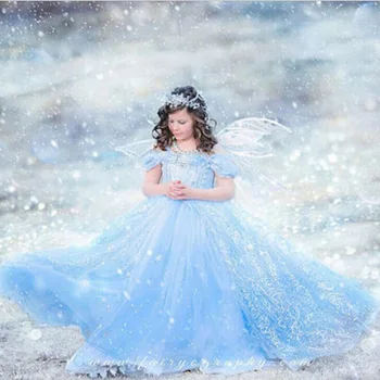 

Girls Cinderella Dress up Cosplay Costumes Kids Puff Sleeve Embroidery Blue Clothes Child Christmas Birthday Princess Dresses