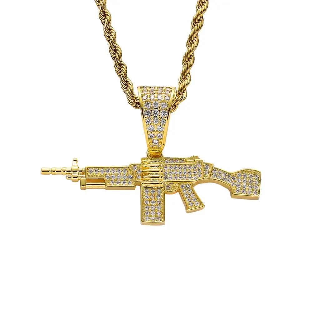 

New Copper Inlay Zircon Machine Gun Pendant With Stainless Steel 24 inch Chain Hip Hop Necklace Fashion Jewelry Men's Gifts