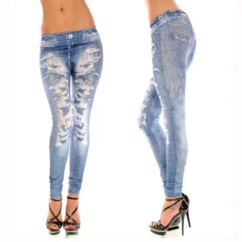

New Stylish Denim Look Ripped Faux Jean Blue Leggings Tights Pants