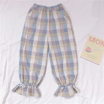 

Japanese Vintag Loose Small fresh Plaid Nine pants Girls Elastic waist Wild Soft Sister Student Sweet Casual Pants Preppy Style