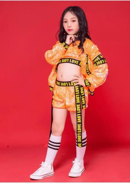 Jazz Dance Sequins Boys Girls Street Dance Hip Hop Costume For Kids Child Coat Vest Shorts 3pcs Catwalk Performance Clothes - Цвет: Orange