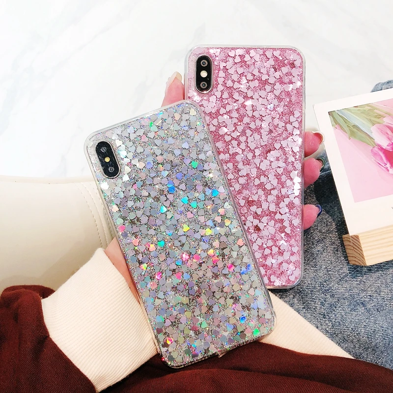 Glitter Sparkle Heart Love Sequins Transparent Soft Silicone TPU Back Case For iPhone 6 6s 7 8 Plus 10 X XS XR 11 Pro Max Cover | Мобильные