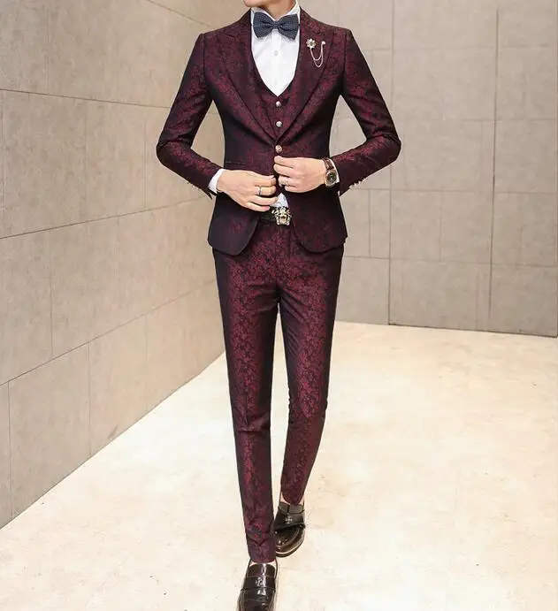 3 купальный костюм однобортный мужские в английском стиле костюм Slim Fit Prom Цветочные Свадебные деловые брюки с жилеткой мужской E30