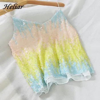 

HELIAR Sexy Sequined Rainbow Camis Female Night Club Spaghetti Camis Women Hot Camisole 2019 Summer Femme Shinning Camisole