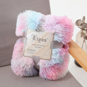 

Shaggy Blanket Double Layer Super Soft Fuzzy Fur Rainbow Tie-Dye Printed Cover Blanket Comfortable Fluffy Throw Blankets
