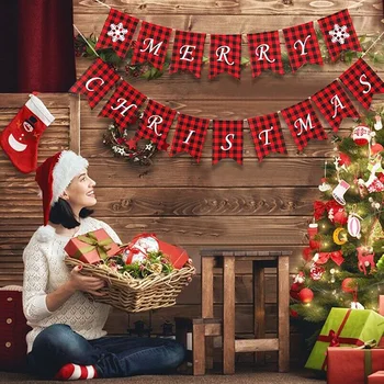 

Merry Christmas Banner Flag Red Burlap Plaid Hanging Ornaments Xmas Party Decor