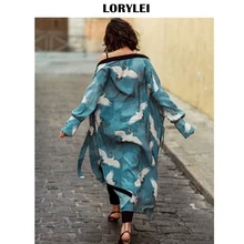 Голубое озеро китайский стиль боковое разделение длинное кимоно кардиган хлопок туника для женщин плюс размер пляжная одежда купальник накидка N1029