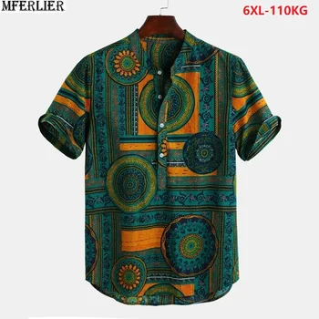 

2020 new summer men beach shirts short sleeve folk-custom style plus size print flower shirts man 5XL 6XL green shirt loose 50