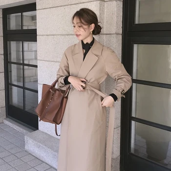 

Korean Women Autumn Winter Khaki Vintage Long Bandage Trench Coat Slim Waist Notched Collar Windbreaker Elegant Cloak