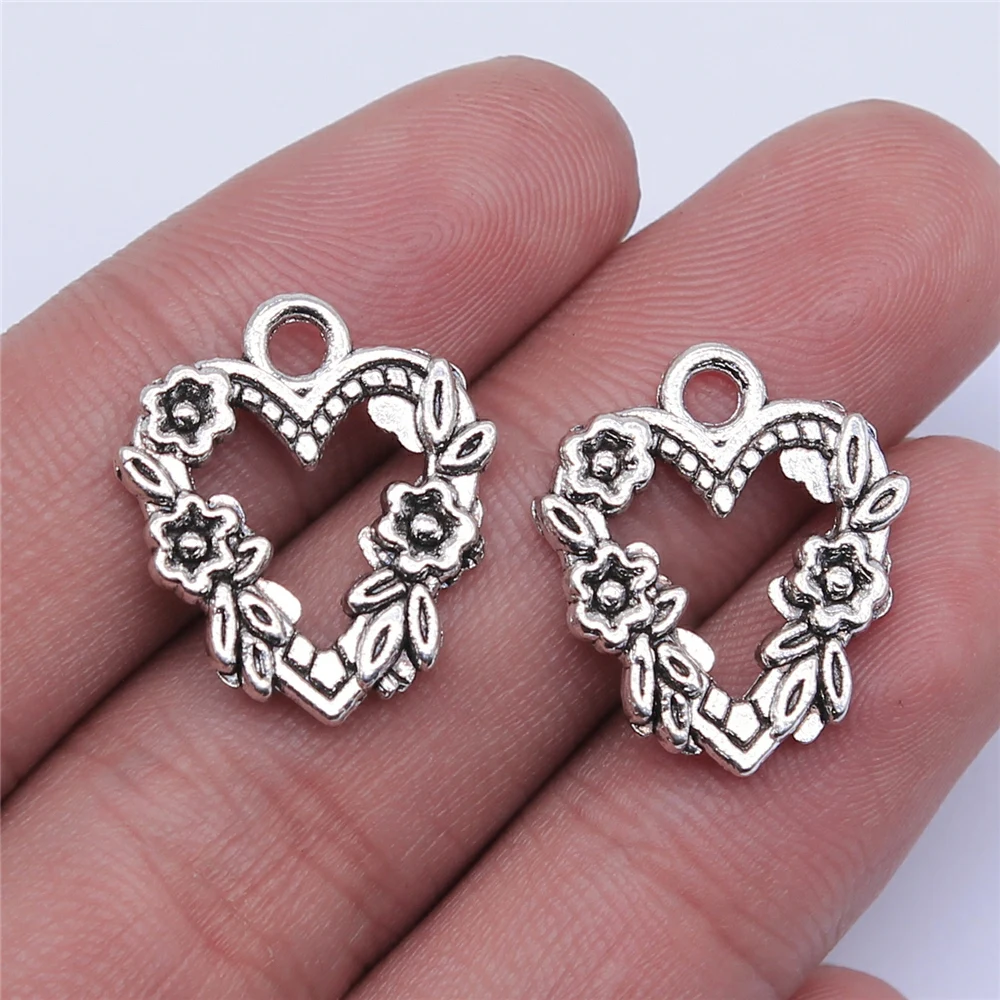 WYSIWYG 10pcs 21x18mm Antique Silver Color Flowers Peach Heart Charms Pendant For Jewelry Making DIY Findings | Украшения и