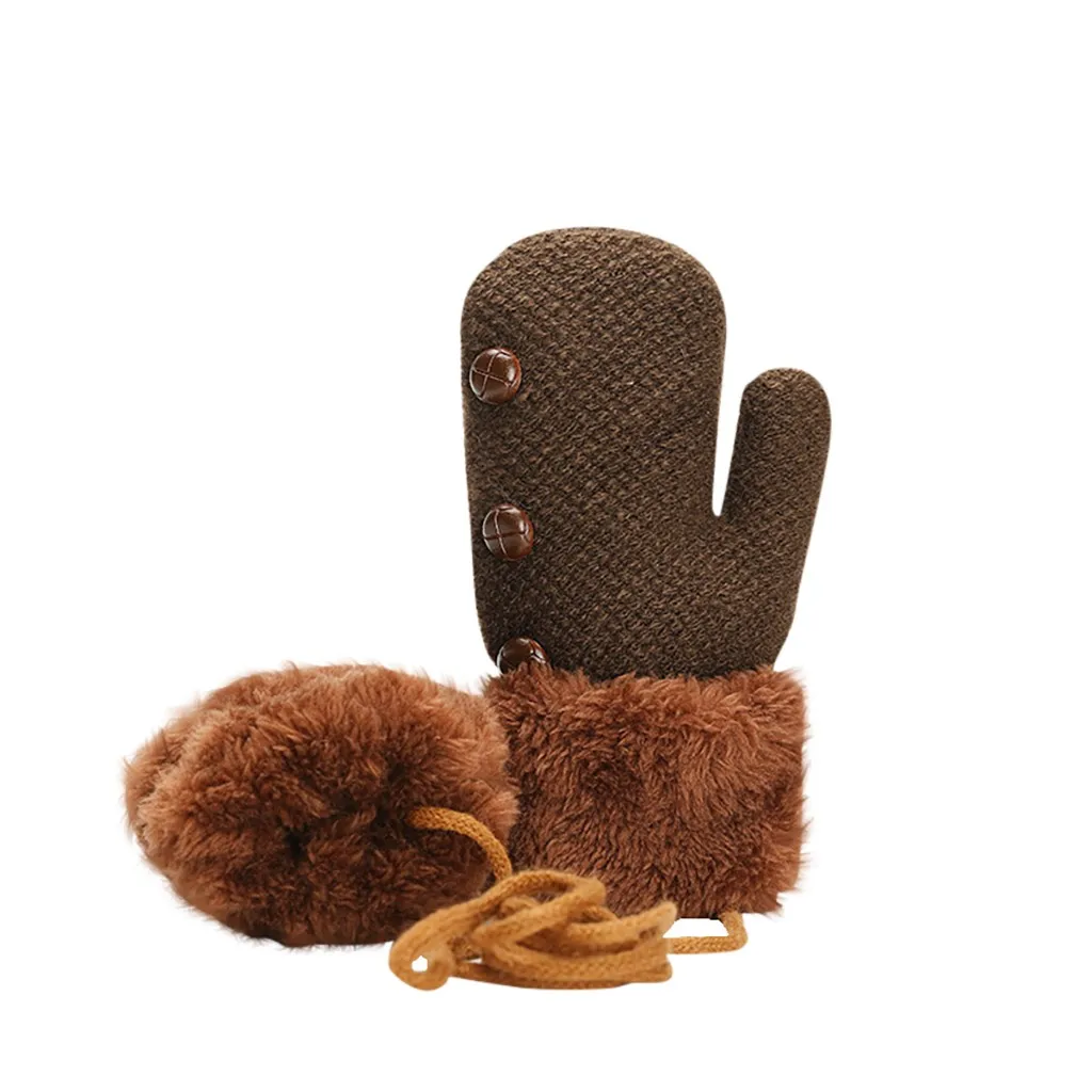 Меховые плюшевые Утепленные перчатки для детей, для мальчиков и девочек, теплые рукавицы с длинными пальцами, с подвеской на шею, с завязками, Rekawiczki Zimowe, детские перчатки - Цвет: Brown