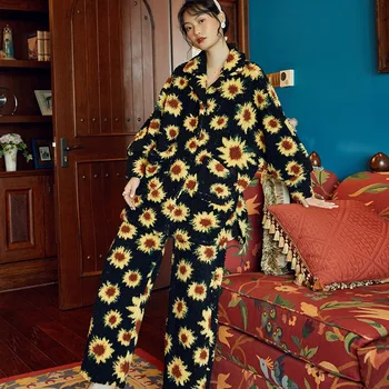 

Autumn Winter Fashion Women's Pajamas Cardigan Button Printed Top Pants Two Piece Loose Plus Velvet Warm Casual Home Sleepwear