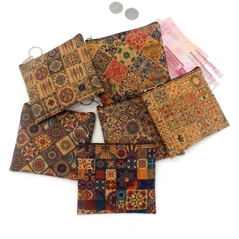 Mini Square Cork Coin Bag 2021 New Portugal Tile Pattern Cork Pouch Key Ring Zipper Sachet Change Purse Coin Case Wholesale