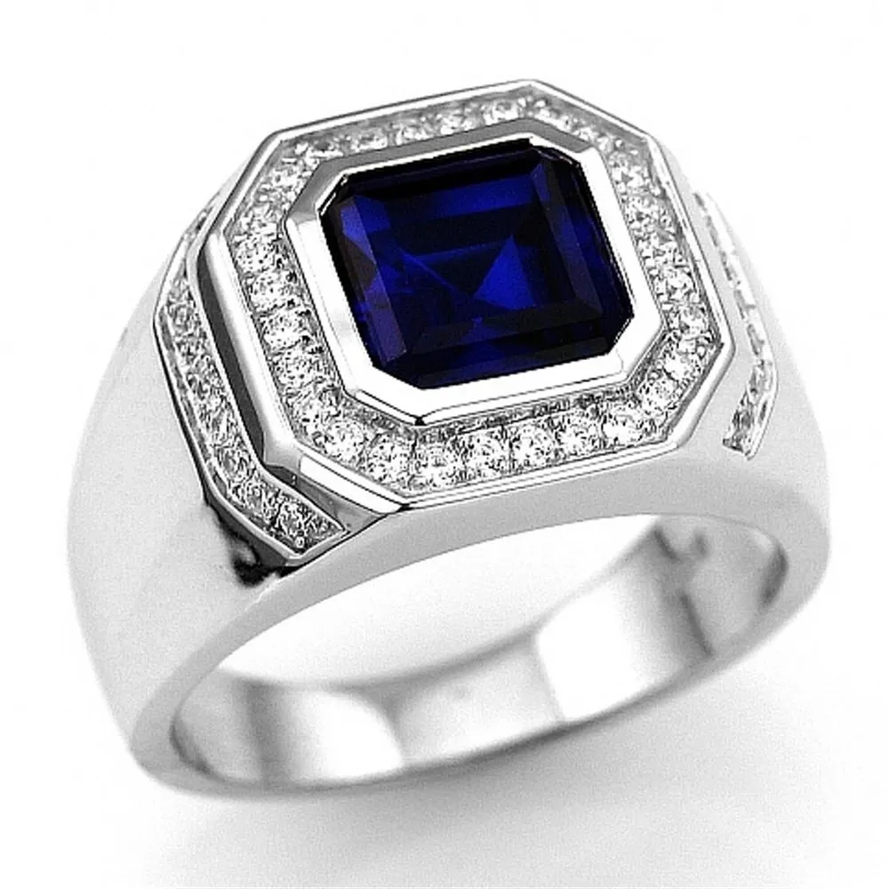 Classic Male Silver Colour Blue Gem Crystal Wedding Rings Cocktail Party Engagement Men Lover Jewelry Valentine Day Gift | Украшения и