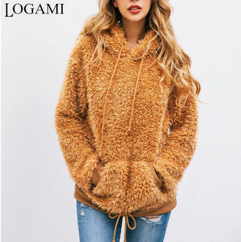 

LOGAMI Fleece Winter Pullover Sweatshirts Women Pockets Thick Faux Fur Hooded Women's Hoodies Coat Warm Overcoat Brown Pink