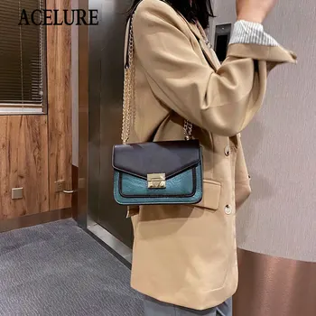 

ACELURE Patchwork PU Leather Small Shoulder Bags for Women Metal Chain Strap Crossbody Bags Female Ladies Shopping Purse Flap
