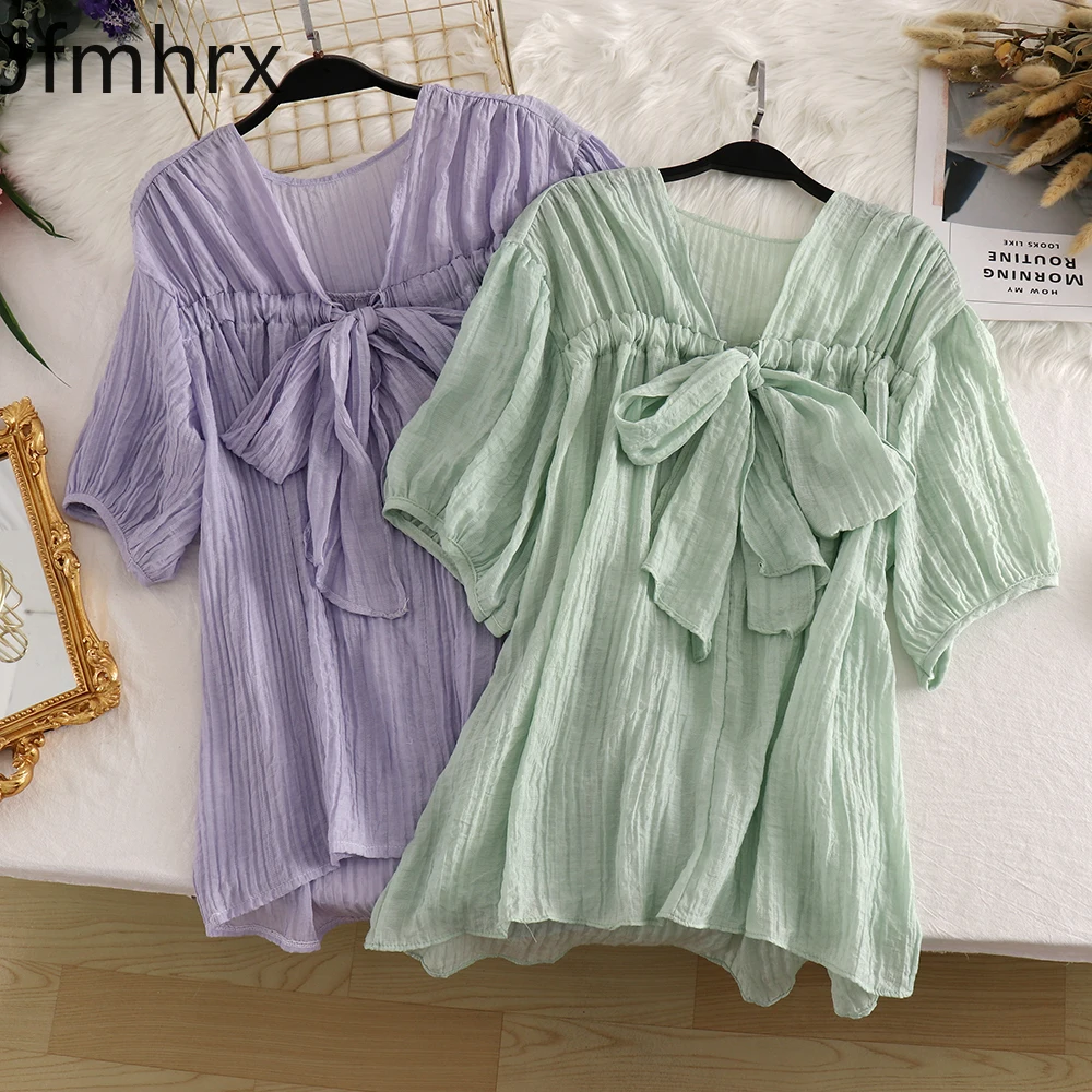 

Korean Version of The Sweet Chiffon Shirt Female 2020 Summer New Bowknot Crumpled Loose Lantern Sleeve Shirt Female Blouse Women