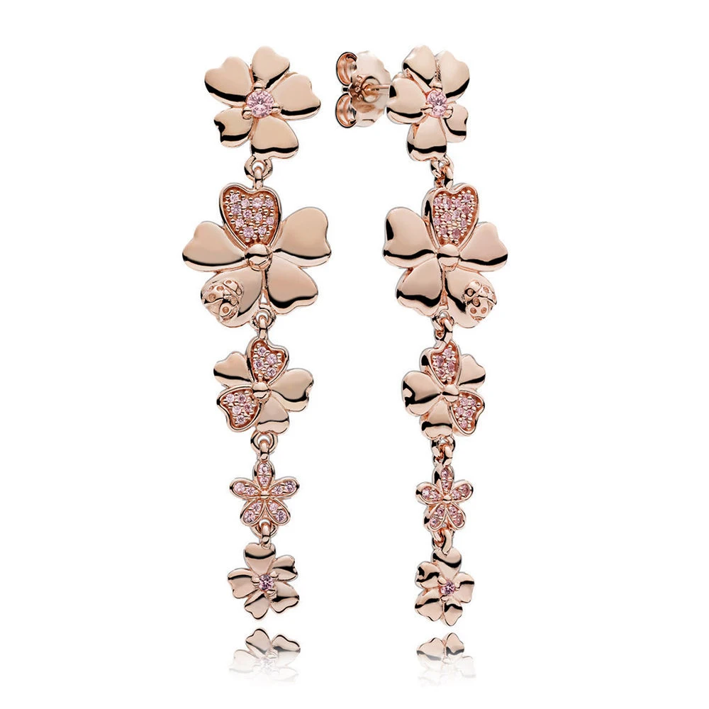 

NEW 100% 925 Sterling Silver Wildflower Meadow Drop Earrings Rose Blush Pink Crystals Charm Fit DIY Mother Gift Jewelry factory