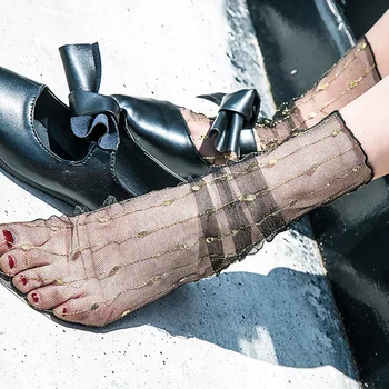 

Bright Silk Gold Mesh Pile Socks Black Beige Fashion Socks Bright Korean Version Ankle Socks