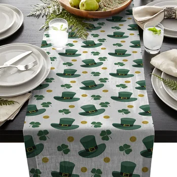 

St. Patrick'S Day Elf Hat Shamrock Gold Coin Pattern Table Runner Table Flag Home Party Decorative Tablecloth Table Runners
