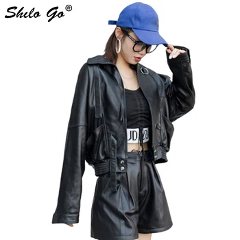

Genuine Leather Jacket Black Zip Drop Shoulder Boyfriend Jacket Coat Women Autumn Spring Solid Casual Motor Storm Jackets