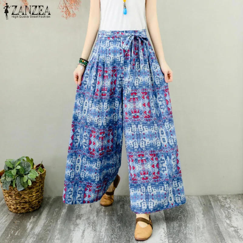 

Women Bow Tie Trousers ZANZEA Autumn Bohemian Floral Printed Wide Leg Pants Casual Elastic Waist Loose Flare Pantalon Female
