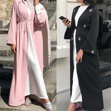 Мусульманский женское платье Абаи черного цвета со стразами, бусинами Большие размеры кардиган марокканский кимоно Макси платье в пол Исламская одежда платье