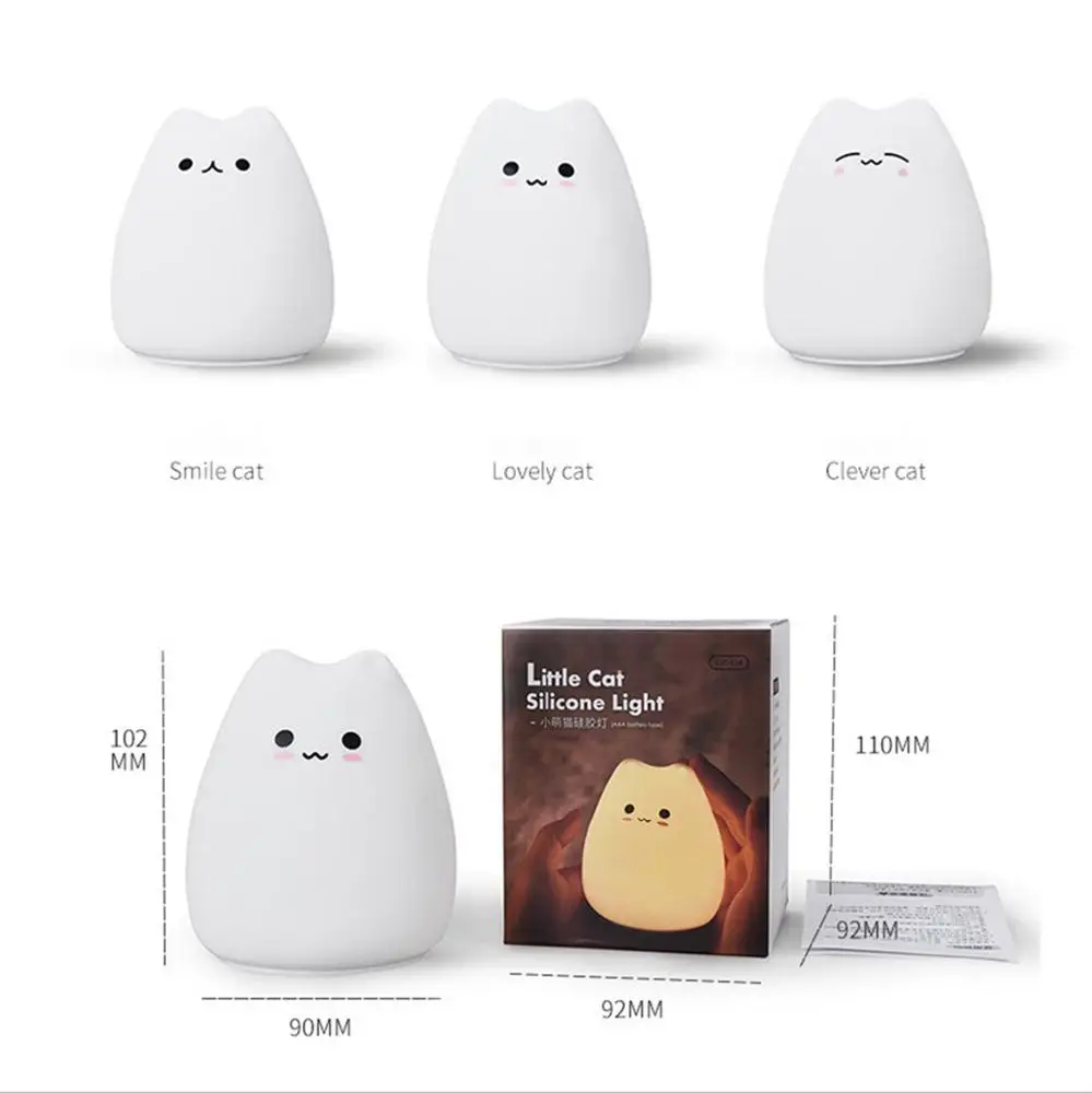  Kawaii Mini Cute Cartoon Night Light Cat Shaped Pat Light Lamp Soft Silicone Nightlight for Kids To - 4000133119753
