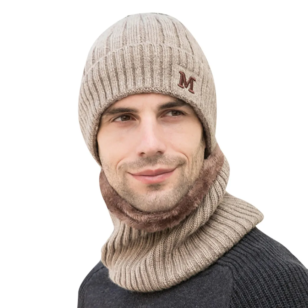 Зимняя вязаная шапка и шарф, набор для Для мужчин теплая флисовая вязаная шапочка и шарф, набор из однотонного трикотажа с защитой от ветра для катания на лыжах под открытым небом Кепки шарф-хомут