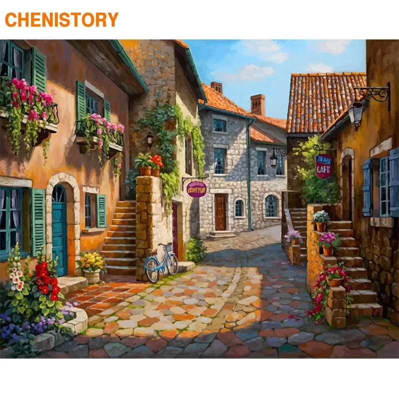 

CHENISTORY Frame Picture DIY Painting By Numbers Kit Town Landscape Acrylic Paint By Numbers Handpainted Oil Painting For Home