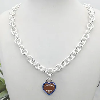 

1: 1 sterling silver 925 classic fashion dark blue enamel heart pendant necklace jewelry holiday gift