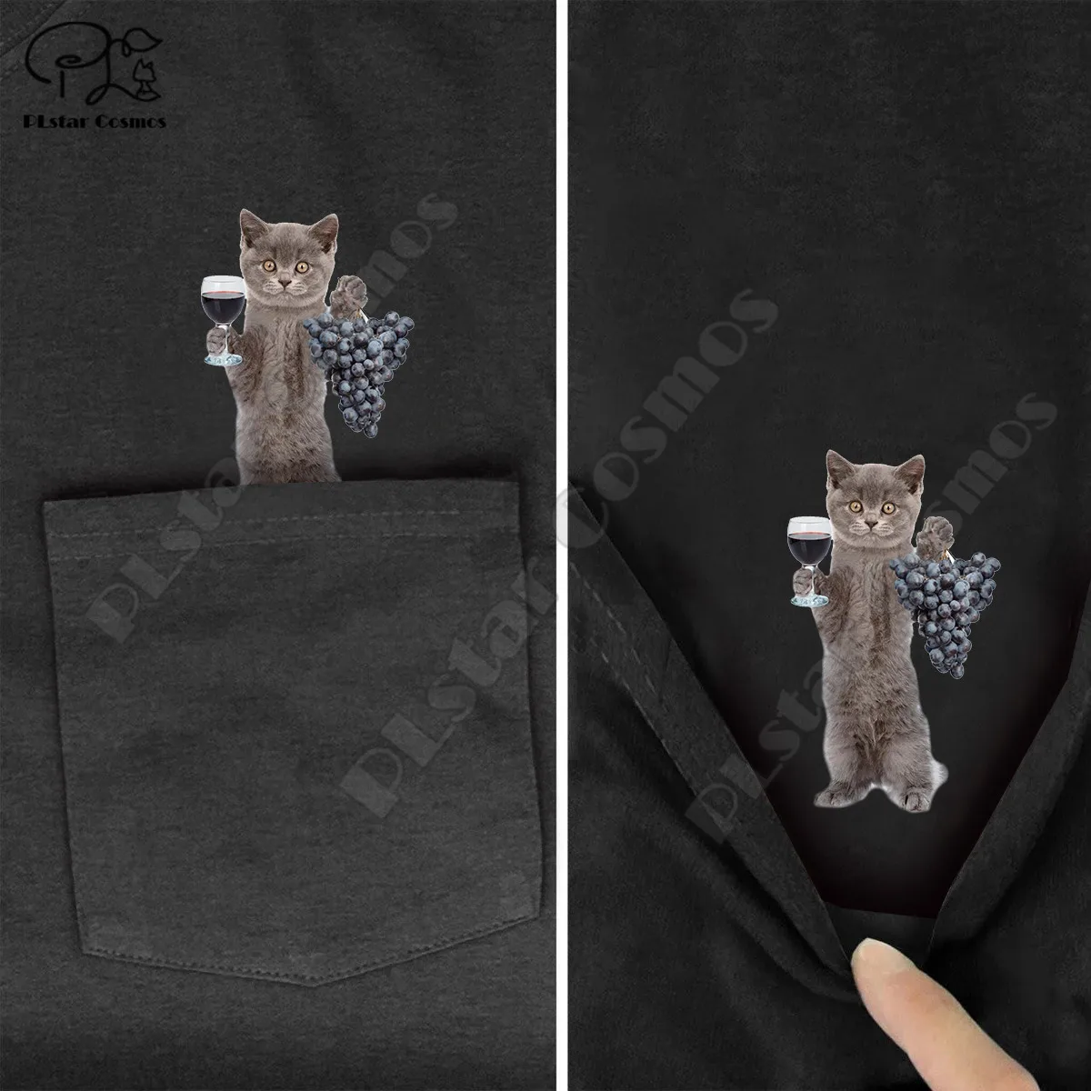 

PLstar Cosmos T Shirt Fashion summer pocket Wine cat printed t-shirt men for women shirts tops funny cotton black tees style-2