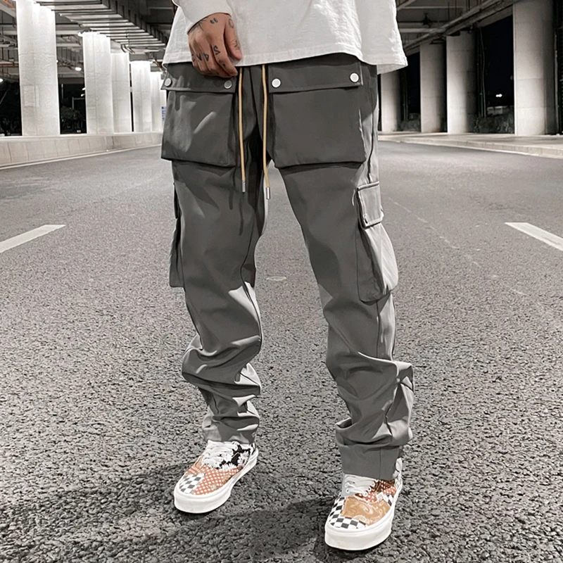 Men's Multi Pocket Casual Cargo Pants Slim Elastic Waist Loose Over Size Trouser 